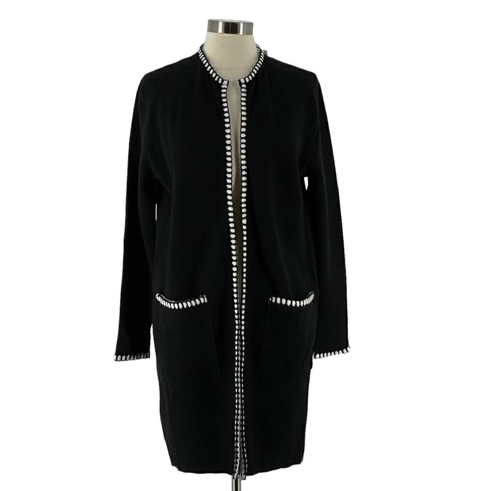 SALE Zara NWT Black White Trim Sweater Knit Long Open Front COATIGAN Cardigan M - Picture 2 of 8